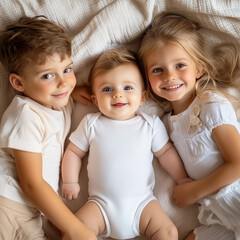 Top view of happy family scene in white-beige colors. Smiling older sister and brother are lying in bed with their youngest child. Infant casual white bodysuit mockup. Background, poster, banner