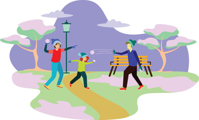 Playful Snowball Fight Illustration in a Winter Park Scene Kids and adults joyfully engaged in a snowball fight amidst snow-covered trees and benches.