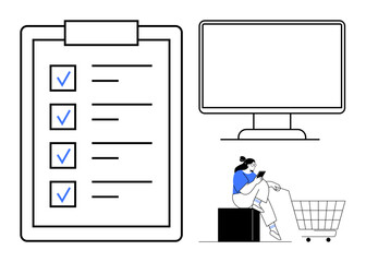 Clipboard checklist with checkmarks, computer monitor, woman using mobile phone with a shopping cart. Ideal for online shopping, task management, productivity, e-commerce, digital transactions