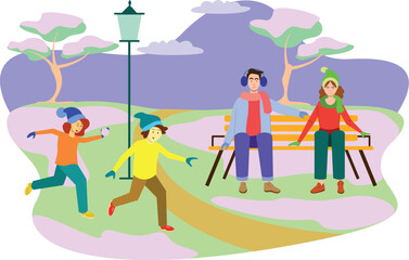 Winter Park Illustration with Snow Activities and Family Fun A cheerful park scene with families enjoying sledding, skating, and building snowmen.
