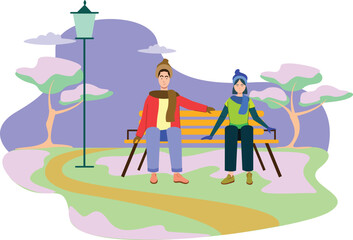 Winter Park Scene Illustration with a Couple Relaxing on a Bench A cozy winter scene with a couple on a bench, wrapped in scarves, surrounded by snow.