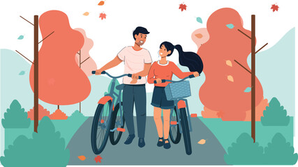 Autumn Cycling Illustration of a Couple on a Scenic Pathway A couple riding bicycles on a leaf-covered path with autumn trees.