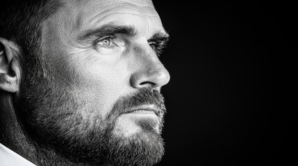 Obraz premium Pensive man, profile view, dark background, leadership