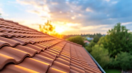 Naklejka premium Captivating sunset over terracotta rooftiles residential area outdoor close-up beauty of nature