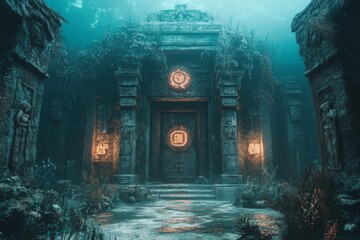 Sunken Mayan temple, ocean, mystery, exploration, fantasy, background, game asset