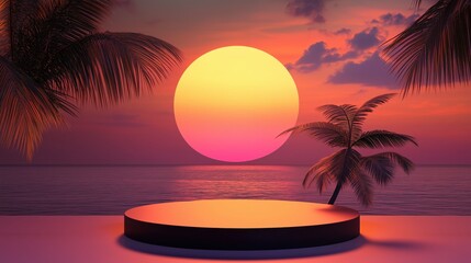 Obraz premium A sleek vector podium design with a tropical sunset backdrop, featuring silhouettes of palm trees and a tranquil beach for a summer-inspired product showcase.