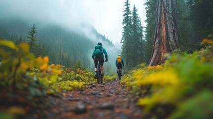 Fototapeta premium Adventure cycling through misty forest trails national park outdoor activity serene environment low angle nature exploration
