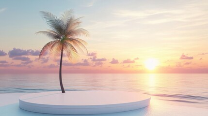 Obraz premium A sleek vector podium design with a tropical sunset backdrop, featuring silhouettes of palm trees and a tranquil beach for a summer-inspired product showcase.