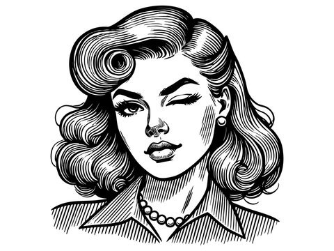 recommend clip art: cheerful woman winking with styled hair and a playful expression sketch engraving generative ai fictional character PNG illustration. Scratch board imitation. Black and white image.