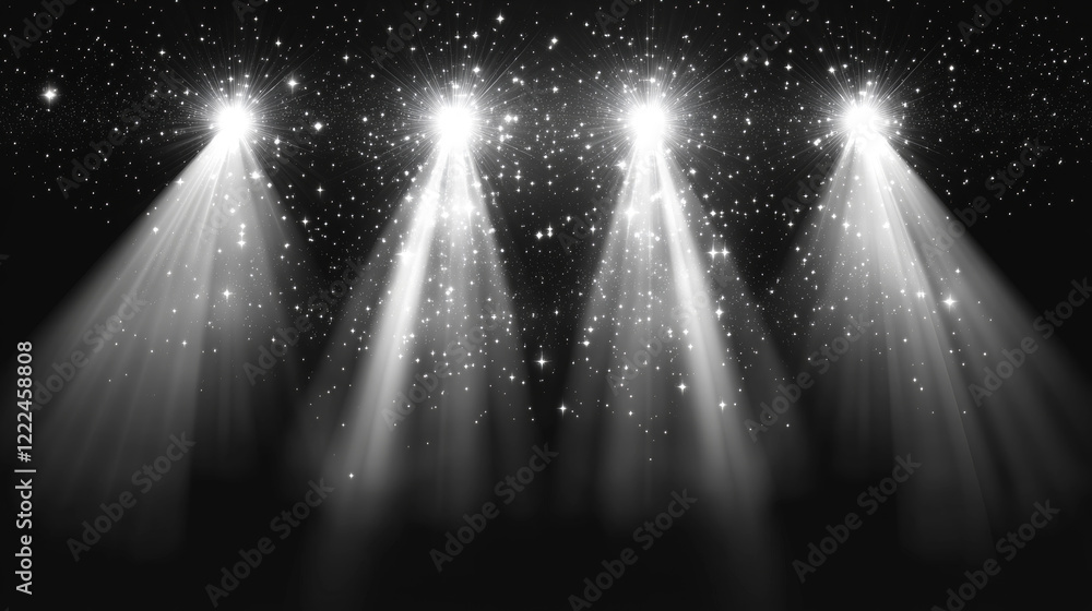 Poster light beams from spotlights and flashes isolated on transparent background. vector realistic set of 