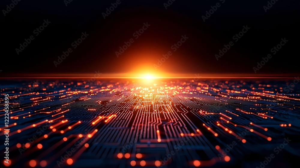 Aufkleber abstract digital landscape with light rays and circuit patterns