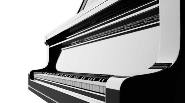 Black grand piano from side angle on transparent background