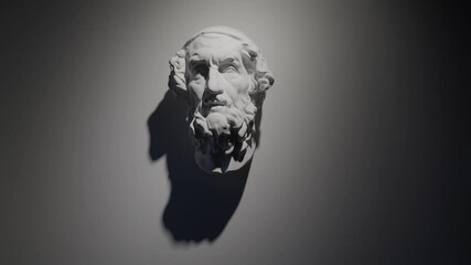 A white marble gypsum clay plaster bust of a bearded figure illuminated against a gray wall, casting deep shadows, evoking a sense of timeless elegance and mystery - Powered by Adobe