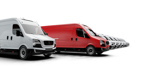Red delivery van leading white vans in a diagonal line