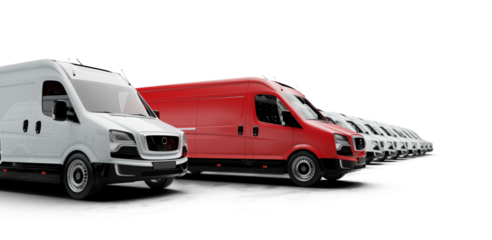 Red delivery van leading white vans in a diagonal line