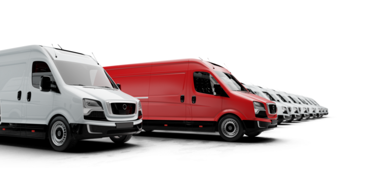 Red delivery van leading white vans in a diagonal line