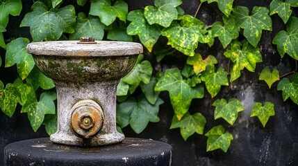 Rustic Stone Bollard with Ivy Background Detailed View