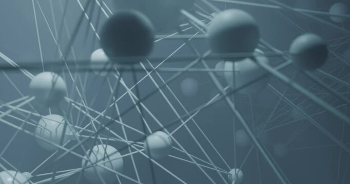 A close up of many small spheres connected by strings. The spheres are all different sizes and are connected in a web-like pattern. Concept of complexity and interconnectedness. 4K render animation