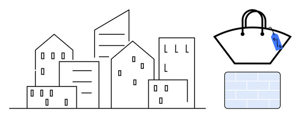 Array of buildings representing urban development beside a shopping bag with a price tag and a credit card. Ideal for themes of real estate, urbanization, commerce, shopping, finance, retail