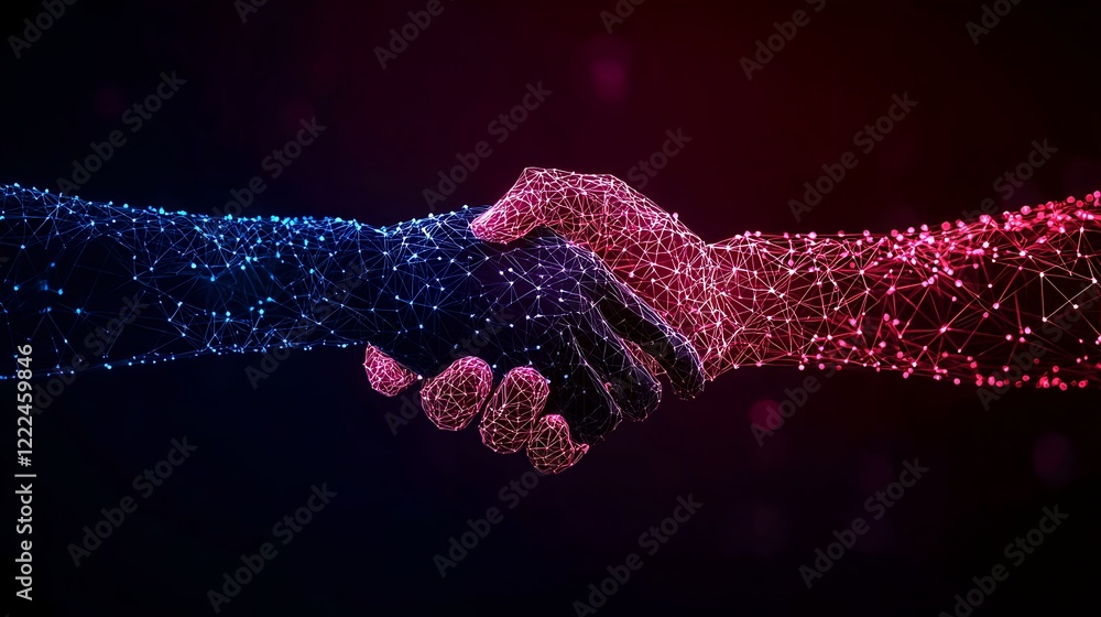 Poster digital hands shaking with neon network connections in dark background