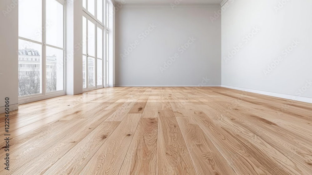 Poster natural lighting minimalist concept. bright and spacious empty room with wooden floor and large wind