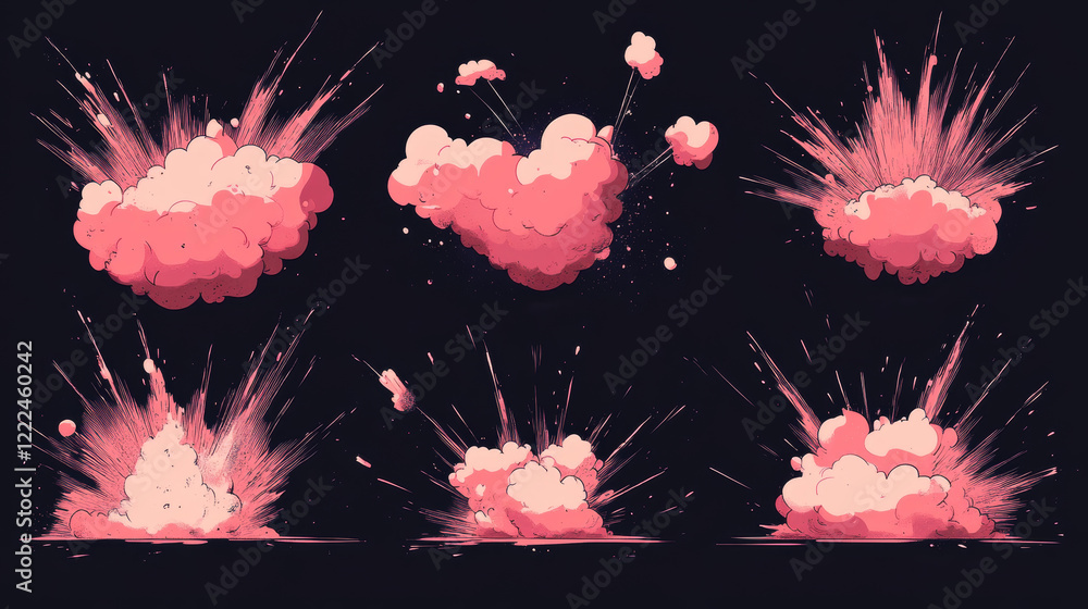 Fototapete pink burst sprites for game or animation. vector storyboard of cartoon explosion with color clouds. 