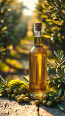 Premium Olive Oil Bottle with Olive Branches and Leaves, Illuminated by the Sunset in a Mediterranean Grove
