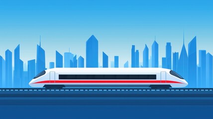 Futuristic High-Speed Train Passing Through Modern Urban Landscape Illustration