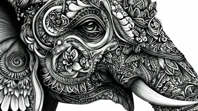 Detailed artistic rendering of an elephant highlighting intricate patterns and textures in a black and white composition