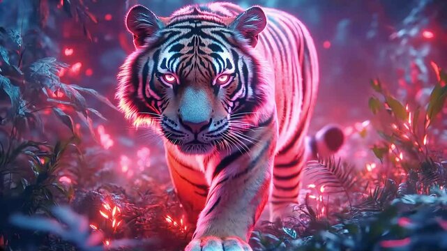 a majestic tiger illuminated by vibrant neon lights, prowling through a mysterious and futuristic jungle. Its glowing pink eyes and radiant fur contrast beautifully with the bioluminescent plants