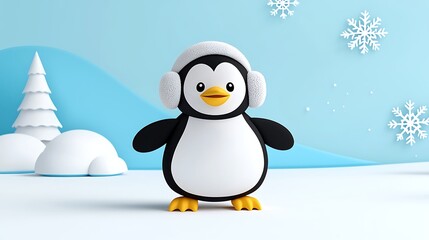 Adorable Cartoon Penguin Wearing Earmuffs in Snowy Winter Scene