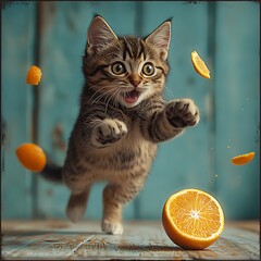 Kitten interacting with orange slices in vibrant scene image
