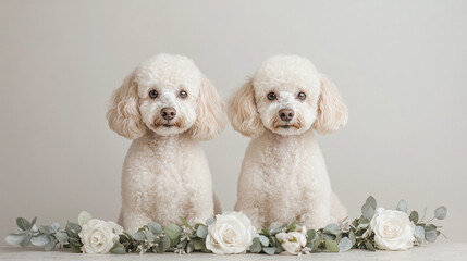 Two Adorable Poodles Posing with Flowers