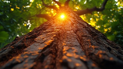 Fototapeta premium Stunning Sunlight Through Tree Canopy in Warm Forest Setting