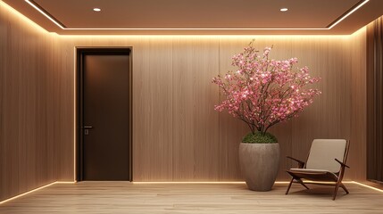 Serene Minimalist Interior Design: Modern Hallway with Pink Blossom Tree