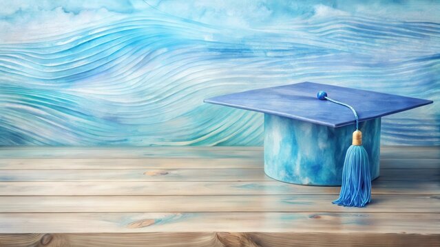 Academic Achievement A Blue Graduation Cap on Wooden Surface with Abstract Background
