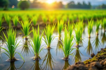 Fototapeta premium Lush Green Rice Seedlings in Paddy Field - Closeup After Planting