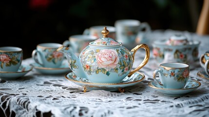 Fototapeta premium A vintage teapot with matching cups and saucers on a lace tablecloth