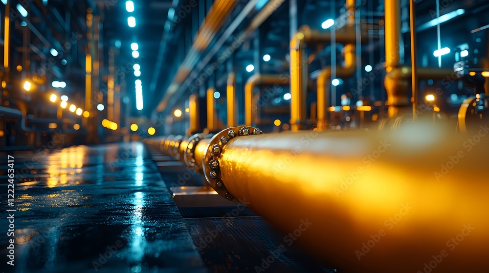 Poster industrial pipeline system with illuminated surfaces and reflections