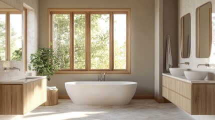 Fototapeta premium Modern Minimalist Bathroom Design with Natural Light and Wooden Accents