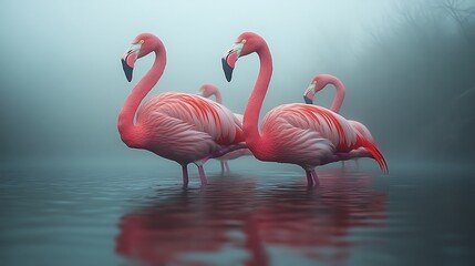 Naklejka premium Stunning flock of flamingos in foggy lake photo