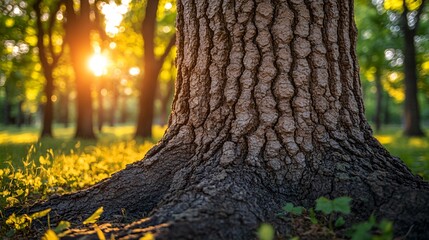 Obraz premium Sunlight Streaming Through Trees with Focus on Tree Trunk Texture