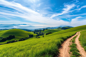 Obraz premium Serene Rural Scene Featuring a Winding Dirt Road and Expansive Meadows