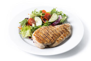 Grilled chicken with salad isolated on white background