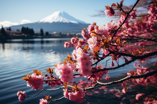 Ethereal Beauty: Cherry Blossoms by the Lake with Mount Fuji in the Background