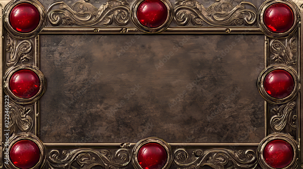 Poster golden vintage game frames, ui medieval square red buttons withnborders from metal, gems. cartoon em
