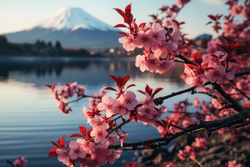 Ethereal Beauty: Cherry Blossoms by the Lake with Mount Fuji in the Background