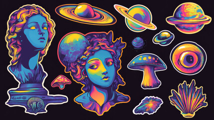 Psychedelic stickers with trendy acid design of greek sculpture. Vector cartoon set of crazy badges with girl statue and planets, eyes, mushrooms isolated on dark background
