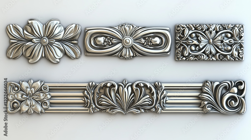 Poster buttons with fantasy frame for game ui design. silver banners or title bars with decorative borders 