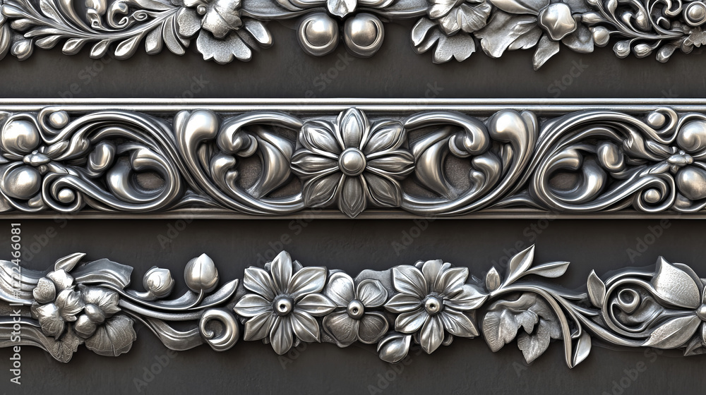 Poster buttons with fantasy frame for game ui design. silver banners or title bars with decorative borders 